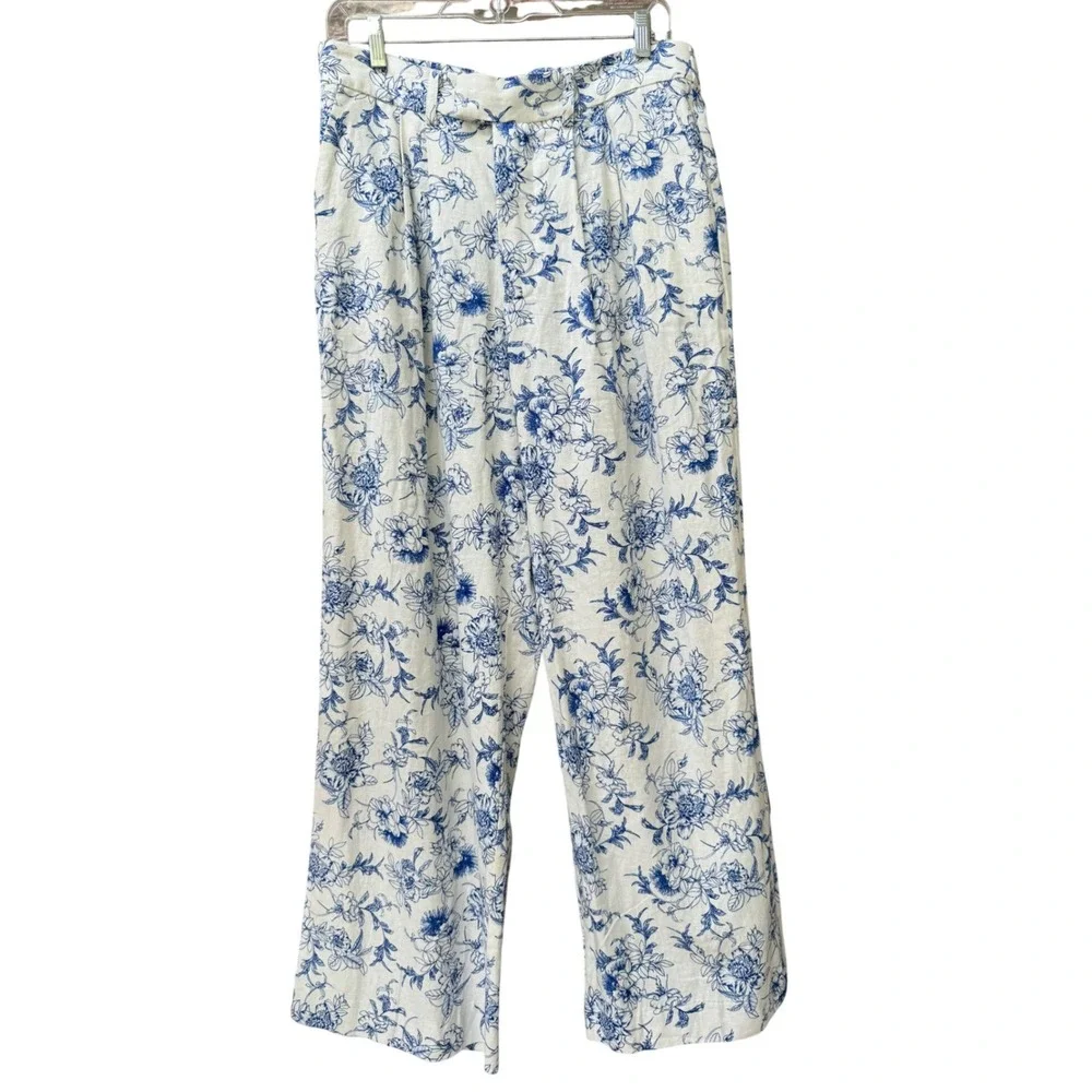 Jason Wu Floral Toile Linen Blend Halter Vest Wide Leg Pants Set Blue White 8 - Picture 8 of 14